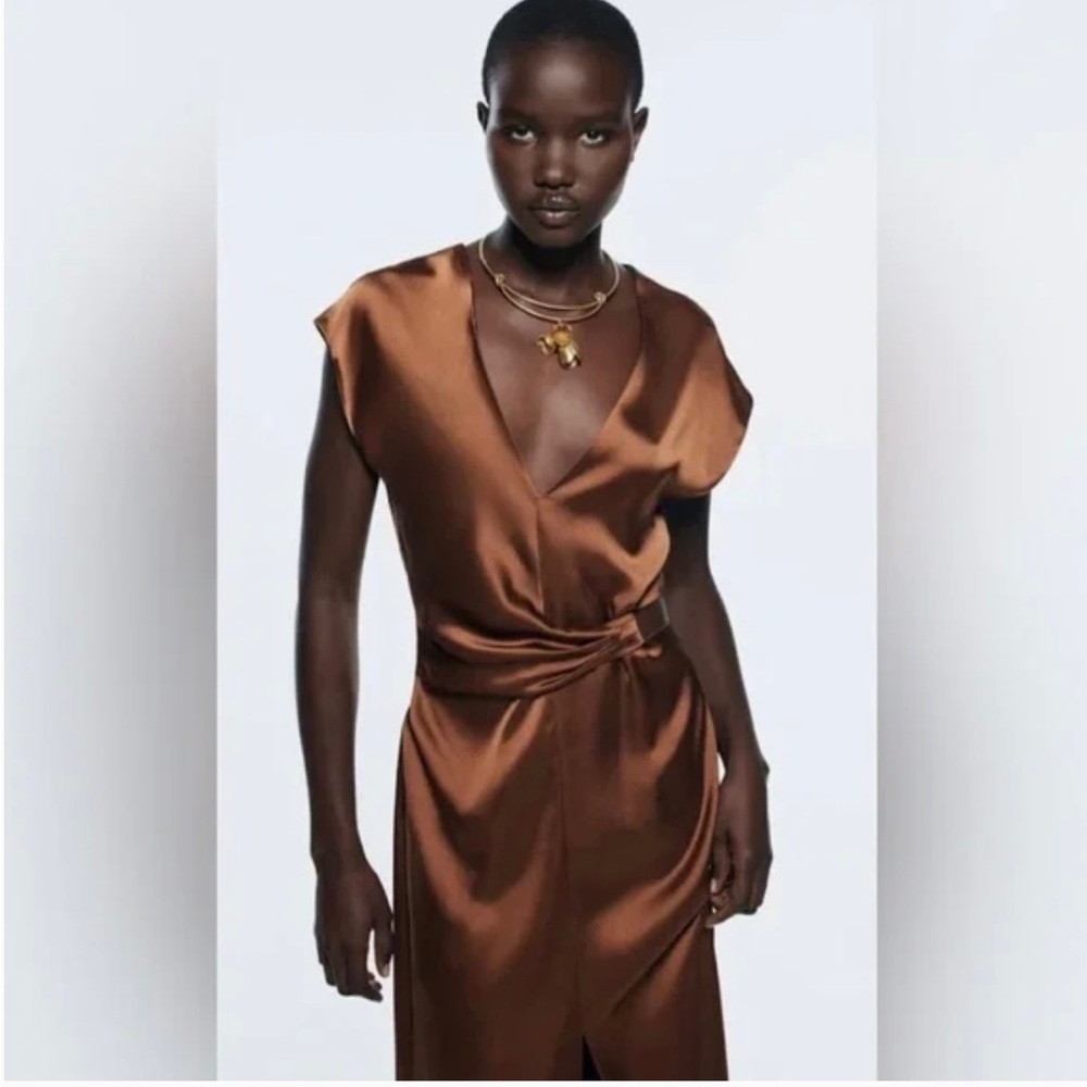 Zara Midi Cutout Bronze Satin Dress Size XS NWT